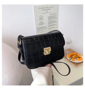 Detail of black crocodile texture handbag with elegant gold square metal lock and flap closure