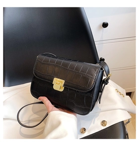 Close-up of black crocodile texture small square bag with golden metallic lock buckle