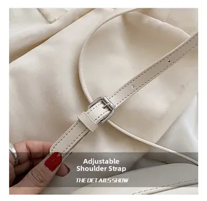 Detail of adjustable shoulder strap with silver buckle on beige canvas handbag