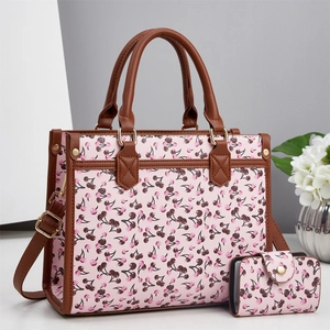 Sac fourre-tout rose avec motif cerise et lanières brunes, sac à bandoulière polyvalent