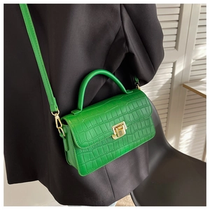 Dettaglio borsa verde motivo coccodrillo con fibbia quadrata in metallo dorato