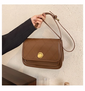 Detail of dark brown crossbody bag featuring quilted stitching and golden round buckle