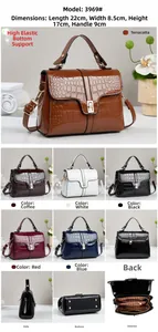 Detailed view of crocodile pattern faux leather handbag with dimensions 22x8.5x17cm