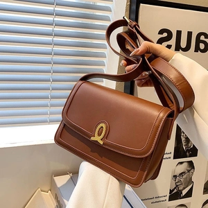 Women Shoulder Bag PU Leather Retro Small Square Crossbody With Gold Metal Buckle Adjustable Strap Solid Color Fashion