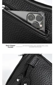 Dettaglio della tasca posteriore con zip in pelle nera con spazio per lo smartphone