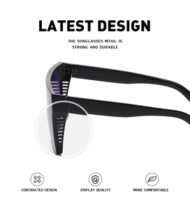 Detail of oversized square sunglasses featuring side ventilation holes and sturdy frame