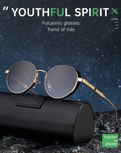 Steampunk round sunglasses with gold metal frame on rock base against starry night sky