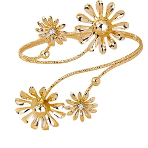 Adjustable golden spiral daisy upper arm cuff bracelet featuring crystal flower accents