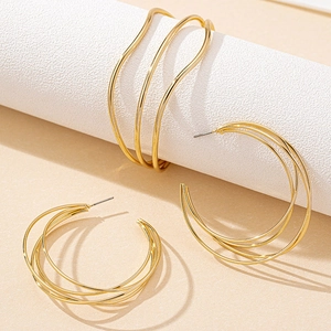 Minimalist gold geometric triple-layer hollow hoop earrings with polished finish
