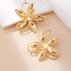 Golden polished 3D floral stud earrings with large five-petal camellia design