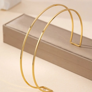 Vue détaillée d'un collier rigide doré double couche minimaliste sur un coffret cadeau