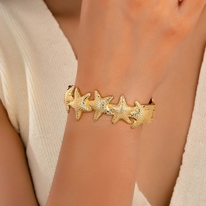 Starfish Open Bangle Bracelet Gold Plated Zinc Alloy Textured Summer Beach Vacation Ocean Style Women Sweet Jewelry