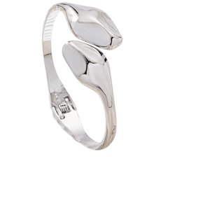 Minimalist silver snake-style open bangle with polished mirror finish and sleek droplet ends
