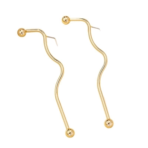 Glossy gold wave-shaped drop earrings with spherical accents on a clean white background