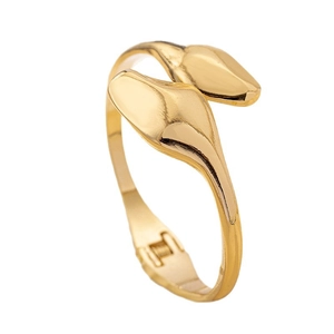 Minimalist gold snake-head open bangle with cross-over design and hinge closure