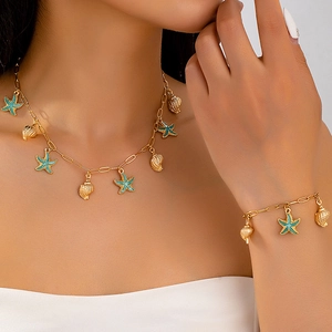 Ozean Seestern Muschel Halskette Und Armband Schmuck Legierung Blau Emaille Anhänger Goldton Strandurlaub Stil Für Frauen