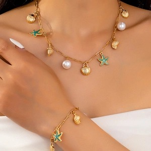 Ocean Beach Starfish Shell Pendant Faux Artificial Pearl Gold Plated Alloy Paperclip Chain Necklace And Bracelet Jewelry For Women
