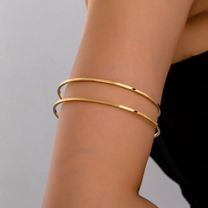 Minimalist Alloy Arm Cuff Bracelet Parallel Double Layer Coil Design Adjustable Open Upper Arm Bangle Gold Plated Women