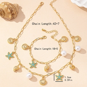 Ocean theme starfish seashell necklace and bracelet set with paperclip chain and pearls