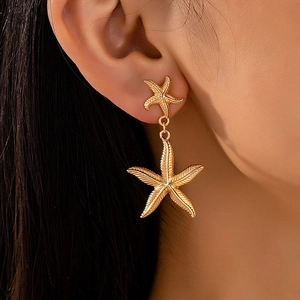 Textured Starfish Drop Earrings Zinc Alloy Double Layer Ocean Vacation Retro Style Golden Metal Jewelry For Women