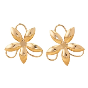Exaggerated golden metal flower stud earrings with a 3D floral camellia rose design