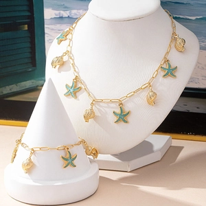 Goldenes Seestern-Muschel-Halsketten- und Armbandset mit Emaille für den Sommerurlaub