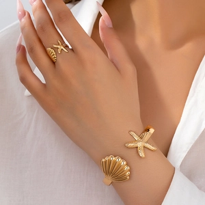 Sea Star Shell Jewelry Gold Color Alloy Open Cuff Bracelet And Adjustable Ring Summer Ocean Beach Holiday For Women