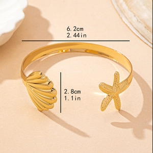 Golden starfish and seashell open bracelet for beach vacation style women jewelry