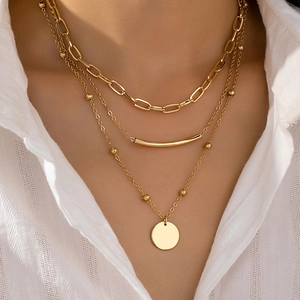 Multi Layer Necklace Alloy Gold Plated Round Disk Curved Bar Minimalist Hip Hop Punk Jewelry For Women