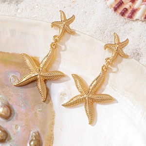 Detail of golden starfish drop earrings with fine texture on a beach sand background