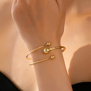 Minimalist Gold Layered Alloy Open Bangle Bracelet With Triple Metal Balls Geometric Fashion Jewelry For Women