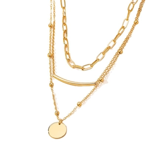 Chic multi-layer gold necklace featuring paperclip chain, bead link, and round disc pendant