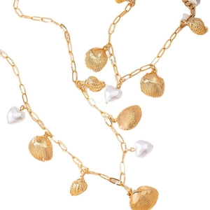 Golden ocean shell pendant necklace and heart pearl bracelet jewelry set for women