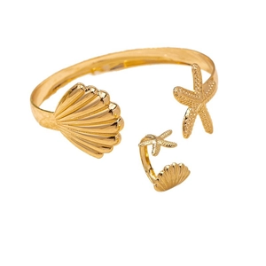 Golden starfish and shell jewelry set with open bangle and ring for beach holiday