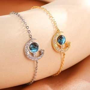 Starry Moon Necklace Bracelet Earrings Ring Copper Gold Silver Plated Blue Galaxy Glass Ball Rhinestone Crescent Women