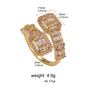 Detailed view of gold hip-hop open ring with iced-out cubic zirconia and dimensions