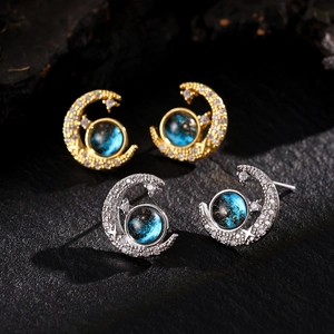 Blue sandstone starry sky moon earrings in gold and silver plating with diamonds