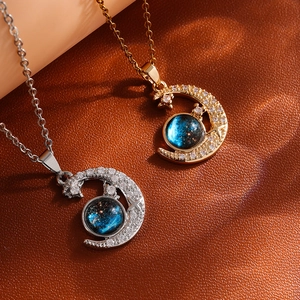 Blue sandstone moon pendant necklaces in gold and silver finish with crystal zircon
