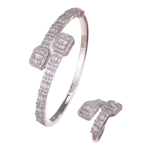 Sparkling silver open bangle and ring set with rectangular micro-paved rhinestones