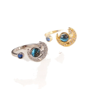 Adjustable celestial moon ring set with blue nebula beads and silver gold plating