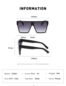 Detailed size specifications for square frame gradient sunglasses with PC frame and dimensions