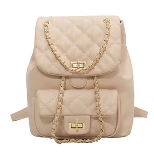 Quilted beige backpack featuring elegant gold chain straps and a metal twist lock closure