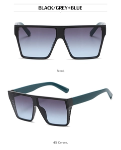 Front and 45-degree side views of black square oversized sunglasses with gradient lenses