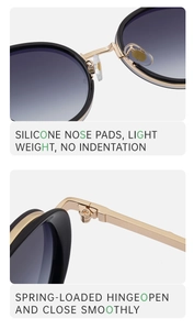 Detail of steampunk sunglasses showing silicone nose pads and smooth spring hinges