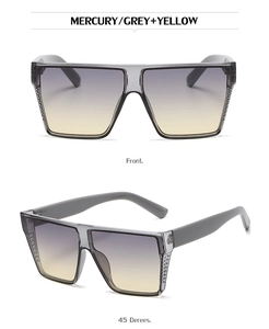 Front and 45-degree side view of oversized square grey gradient sunglasses with metal hinges