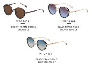 Detailed view of vintage oval metal sunglasses in brown, blue, and yellow gradient lenses