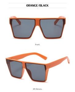 Detailed front and 45-degree view of orange square oversized sunglasses with dark lenses