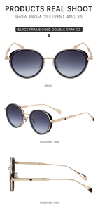 Three-angle macro view of black oval sunglasses with gold metal temples and gray lenses