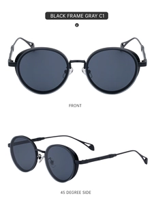 Front and 45-degree side views of oval metal sunglasses with vintage side shields
