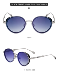 Front and 45-degree side views of blue gradient steampunk sunglasses with side shields